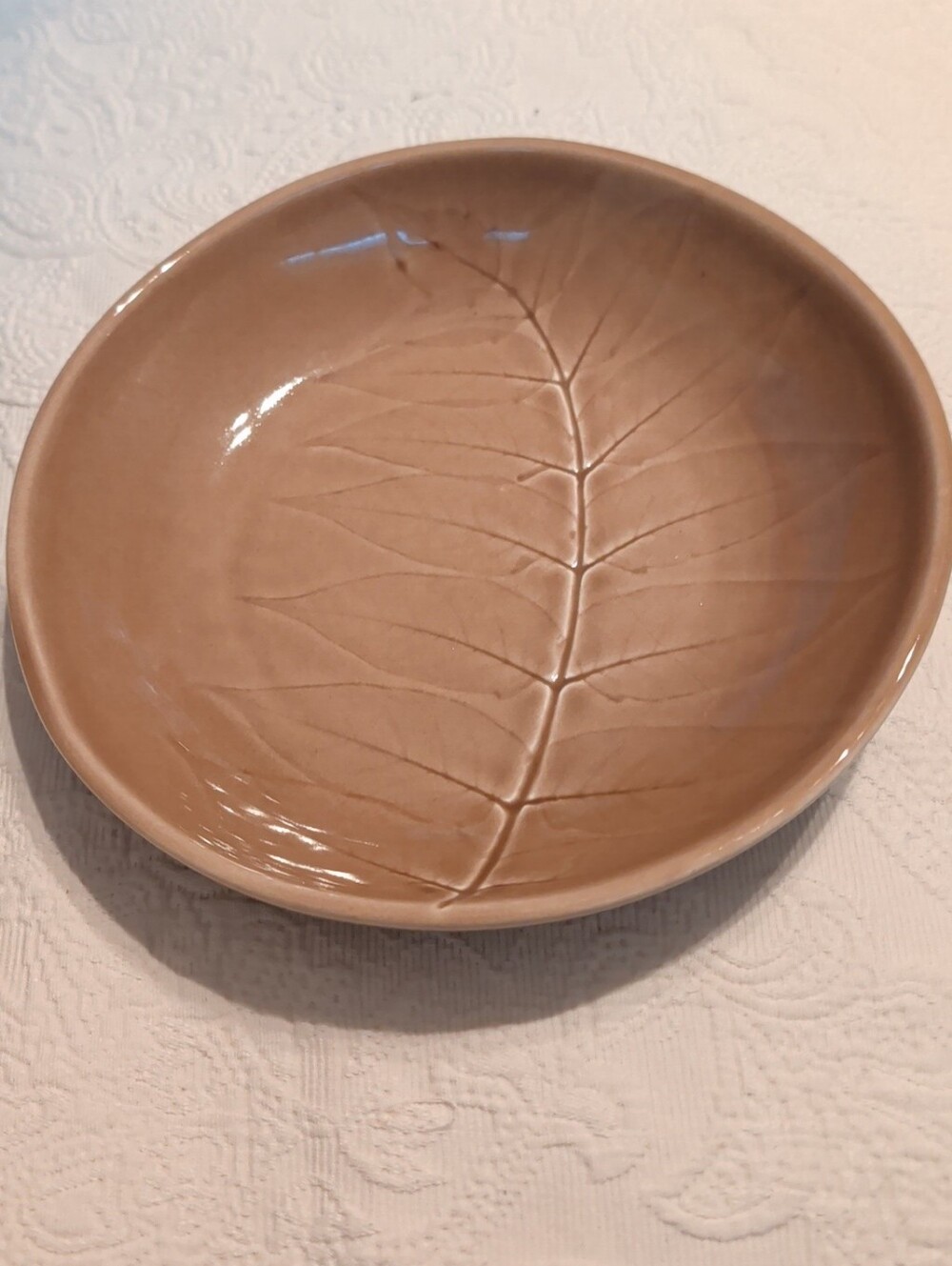 Crate & Barrel Beige Glazed Leaf Impression Bowl Portugal